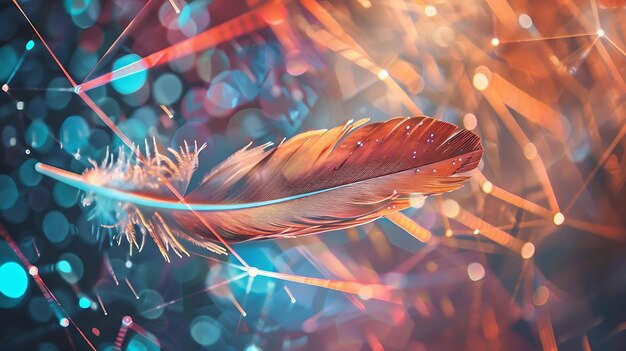 Foto una hermosa pluma marrón flotando en un mar de coloridas luces bokeh la pluma es suave y delicada y las luces bokah son brillantes y vibrantes