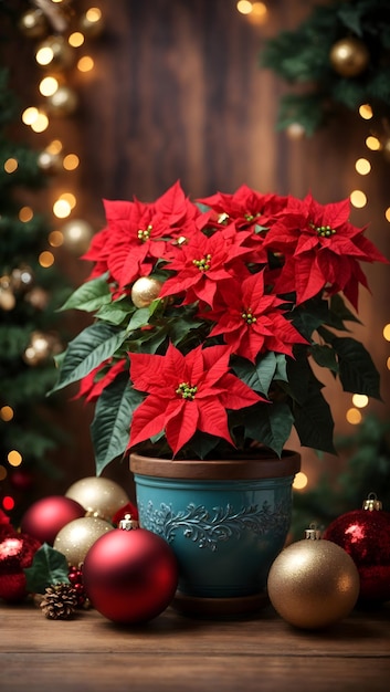 Foto hermosa poinsettia roja en una maceta con regalos de navidad y bolas en un fondo brillante