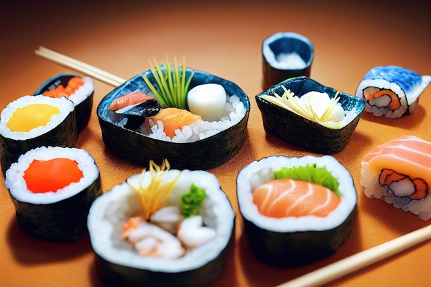 Hermosa porción de sushi japonés tradicional con verduras