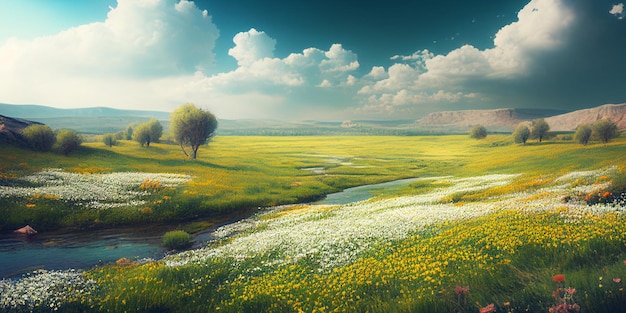 Hermosa pradera de campo de flores en primavera y cielo azul en un día soleado IA generativa
