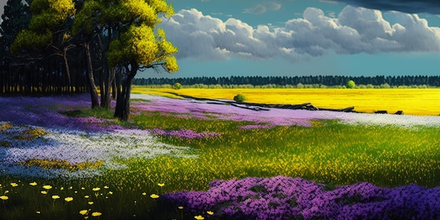 Hermosa pradera de campo de flores en primavera y cielo azul en un día soleado IA generativa