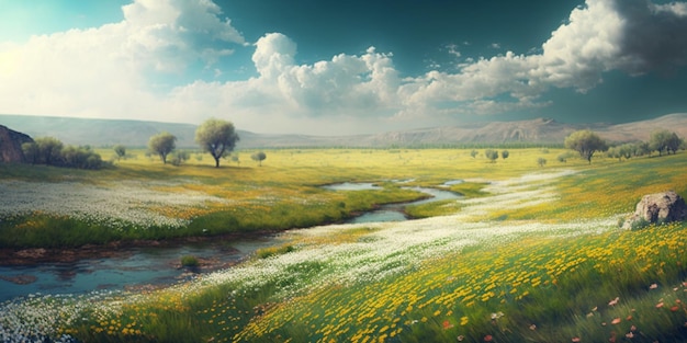 Hermosa pradera de campo de flores en primavera y cielo azul en un día soleado IA generativa