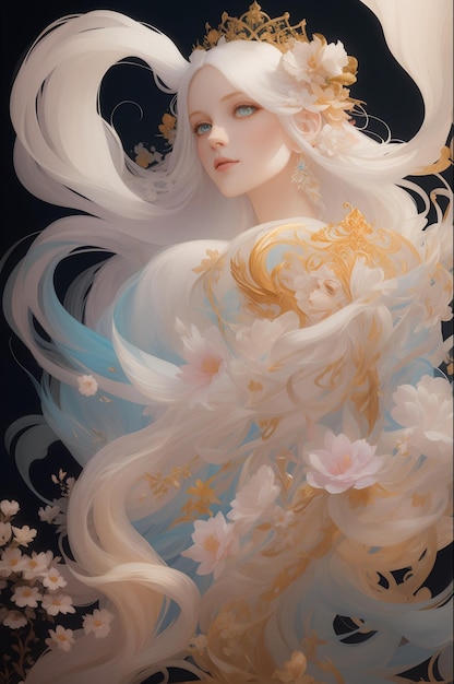 hermosa princesa con el cabello blanco largo y fluido ojos hermosos y brillantes