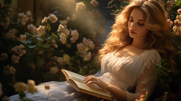 Hermosa princesa o hermosa novia leyendo un libro generativo ai