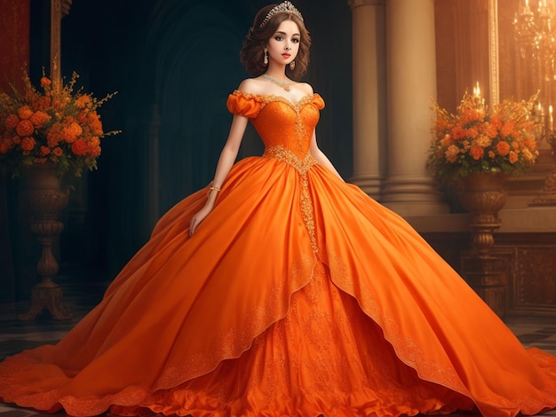 Hermosa princesa vestida con un vestido naranja de fondo