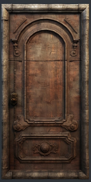 Hermosa puerta antigua con puertas decorativas en un fondo sombreado oscuro