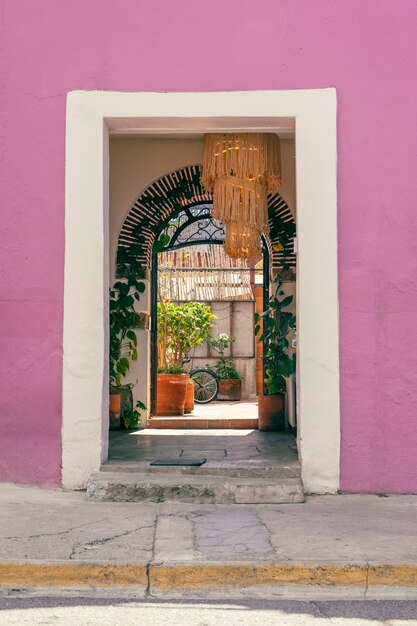 Una hermosa puerta en Oaxaca, México con fotografías callejeras de pared rosadas