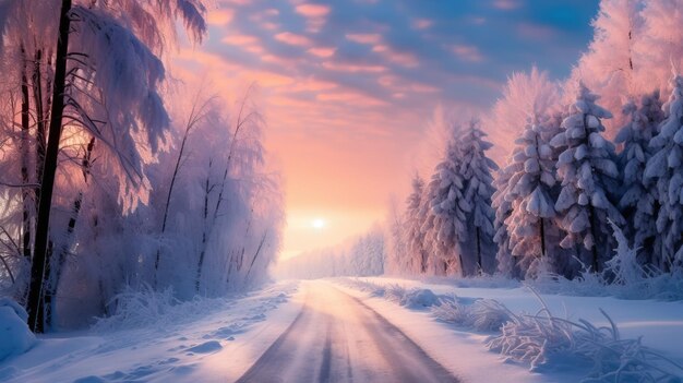 Hermosa puesta de sol en la carretera de invierno cubierta de nieve