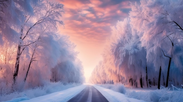 Hermosa puesta de sol en la carretera de invierno cubierta de nieve