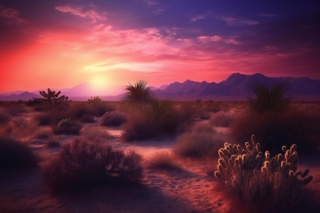 Hermosa puesta de sol en el dibujo digital del desierto.