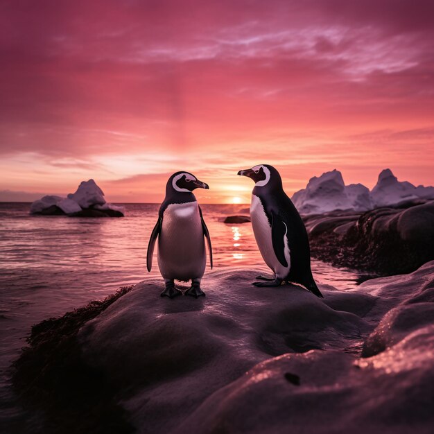 Una hermosa puesta de sol con dos pingüinos de pie en una roca nevada generada por la IA