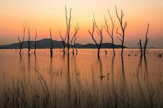 hermosa puesta de sol en el embalse