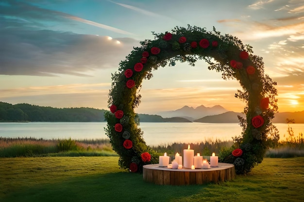 Una hermosa puesta de sol con un gran arco con rosas en la hierba y una hermosa puesta de sol.