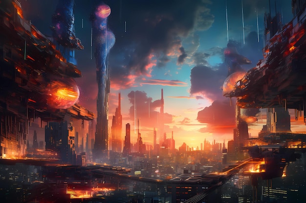 Una hermosa puesta de sol en una ilustración de arte digital de ciudad futurista