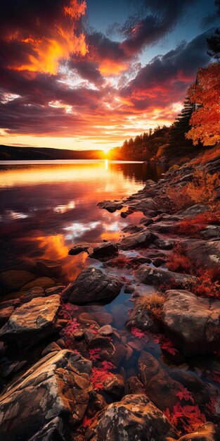 Foto una hermosa puesta de sol junto al lago