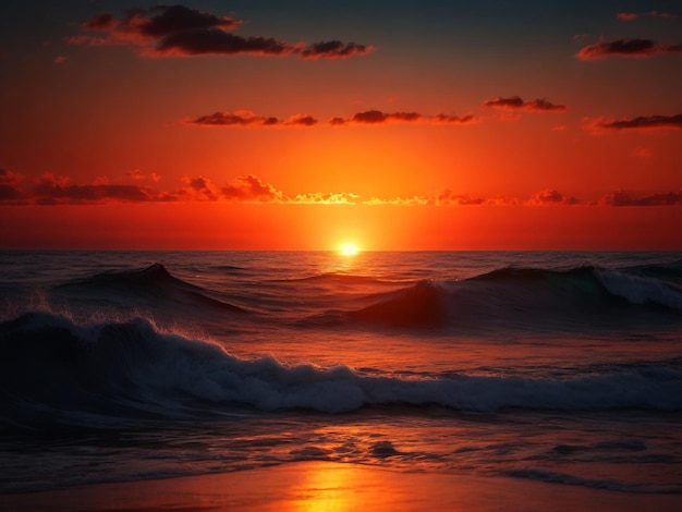 La hermosa puesta de sol en el mar