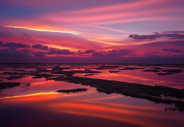 Hermosa puesta de sol naranja en la orilla de la playa