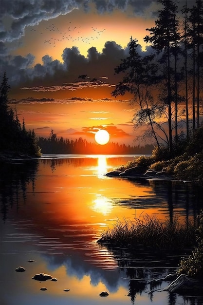 Hermosa puesta de sol o amanecer ilustración diseño de arte digital