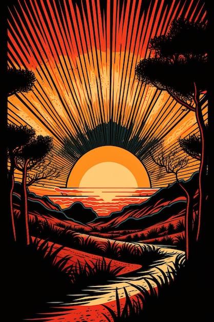 Hermosa puesta de sol o amanecer ilustración diseño de arte digital