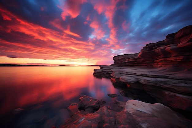 una hermosa puesta de sol en el océano con rocas