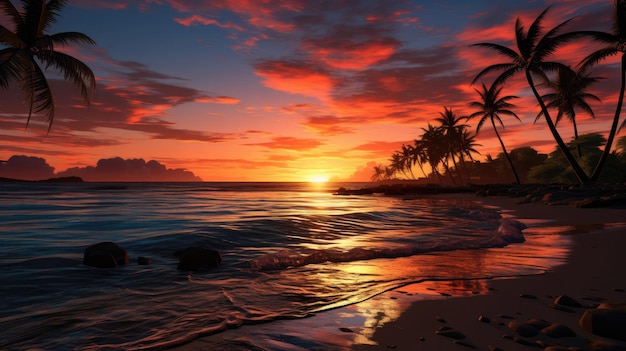 Hermosa puesta de sol en un paisaje paradisíaco tropical con palmeras y playa en un complejo vacacional