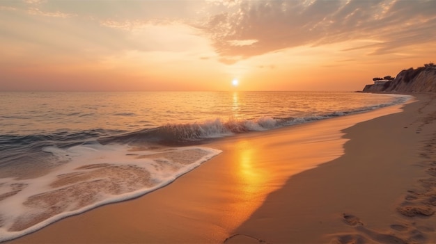 Hermosa puesta de sol en la playa del mar con arena AI generativo