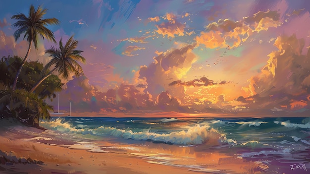Una hermosa puesta de sol en la playa con palmeras