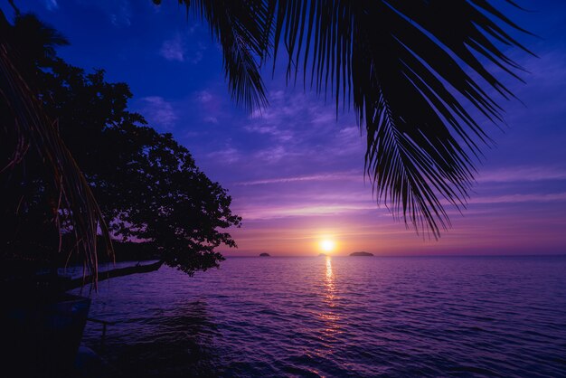 Hermosa puesta de sol en la playa en los trópicos. Cielo y océano