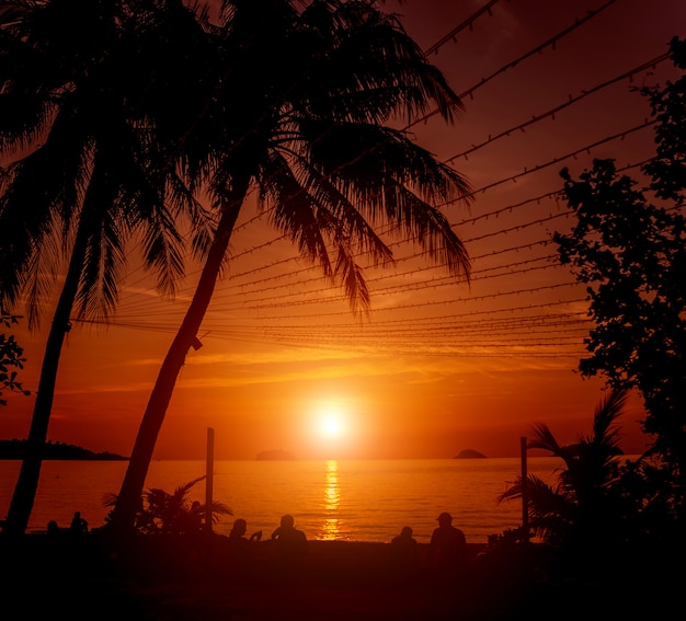 Hermosa puesta de sol en la playa en los trópicos. Cielo y océano