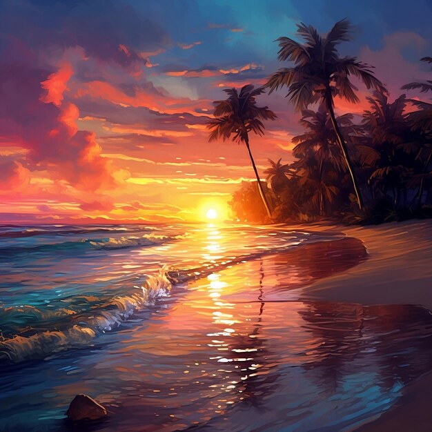 La hermosa puesta de sol en la playa
