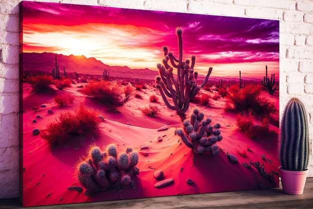Hermosa puesta de sol púrpura roja sobre el paisaje desértico con ai generativo de cactus y dunas de arena