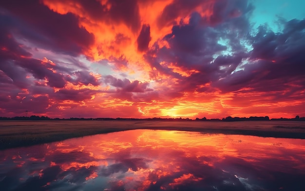 Una hermosa puesta de sol con un reflejo del cielo y el sol.