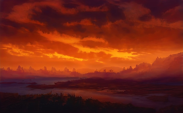 Hermosa puesta de sol roja en las montañas fabulosa vista del cielo de la tarde La vista de los picos de las montañas es una belleza irreal el cielo de la puesta de sol se refleja en las laderas de las montañas