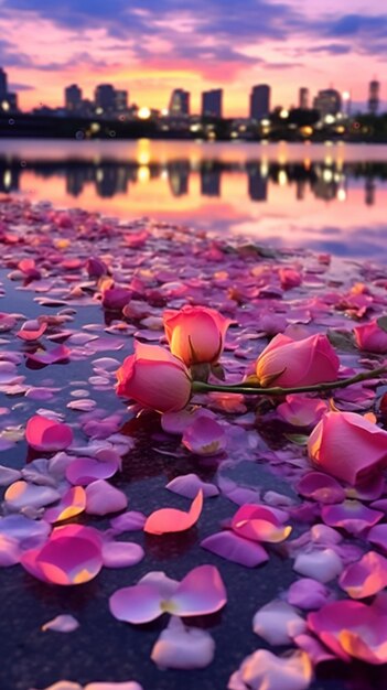 Foto una hermosa puesta de sol con rosas rosas en el agua.