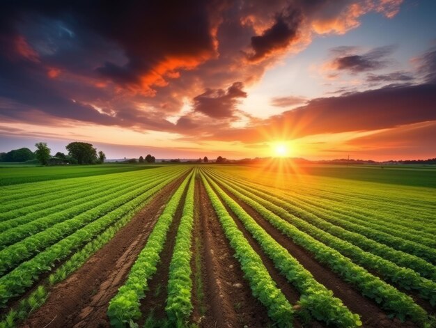 Una hermosa puesta de sol sobre un campo agrícola rural