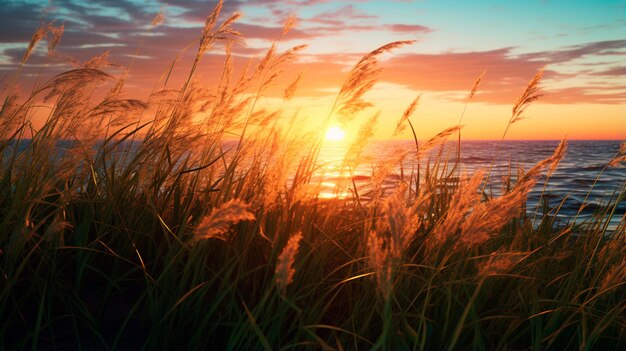 Foto hermosa puesta de sol sobre el campo del trigo