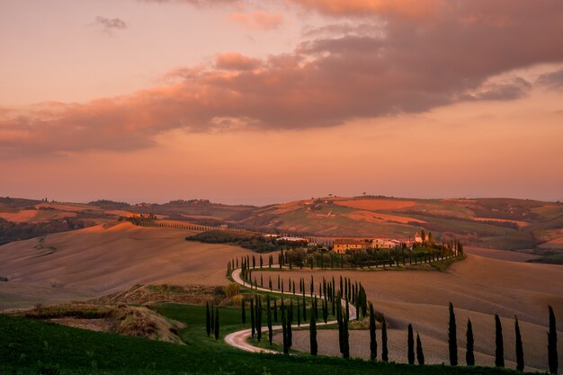 Hermosa puesta de sol sobre colinas y cipreses de la carretera, paisajes de la Toscana