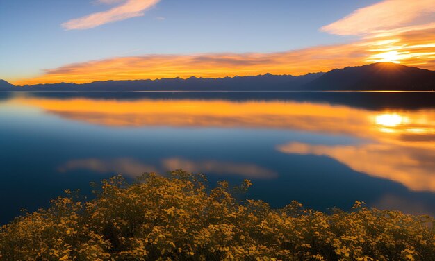 Hermosa puesta de sol sobre un gran lago