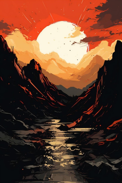 Hermosa puesta de sol sobre la ilustración del lago de montaña en estilo retro