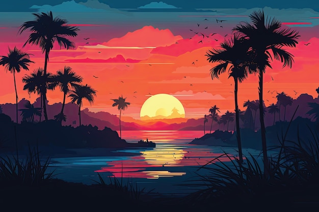 Hermosa puesta de sol sobre la ilustración del mar en estilo plano