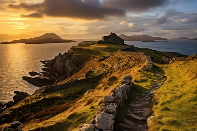 Foto una hermosa puesta de sol sobre la isla de mykines islas feroe un punto de vista desde bray head en la isla de valentia en el anillo de kerry en la costa suroeste de irlanda durante un otoño generado por ia