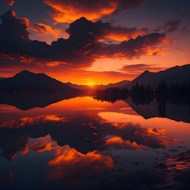 Una hermosa puesta de sol sobre un lago con montañas al fondo