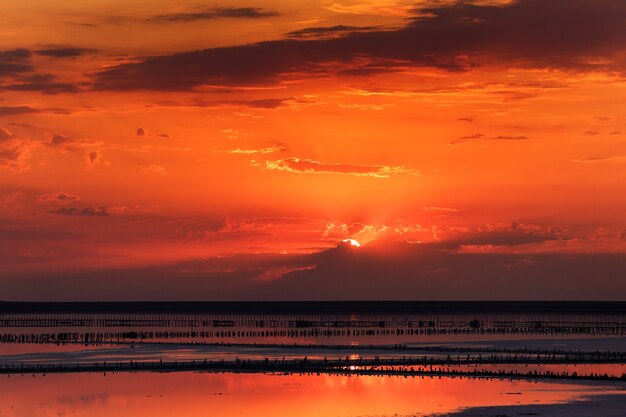 Hermosa puesta de sol sobre el lago con montones de madera de planta de sal.