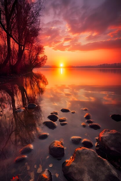 Una hermosa puesta de sol sobre un lago con rocas y el cielo es naranja.