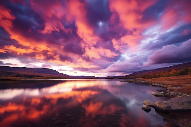 Una hermosa puesta de sol sobre un lago con rocas y un cielo violeta con nubes