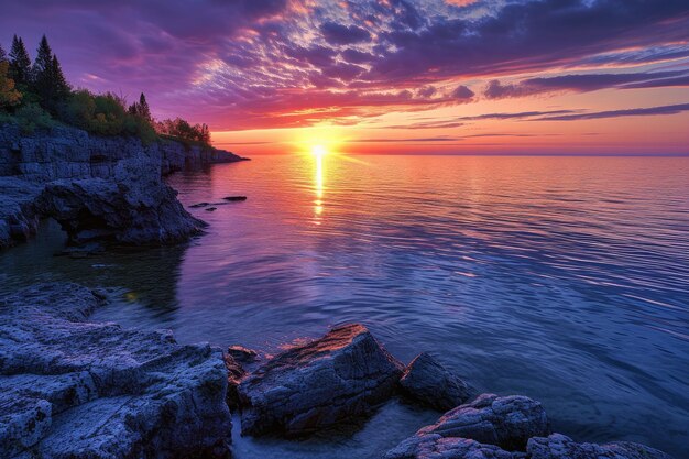 Foto una hermosa puesta de sol sobre el lago superior