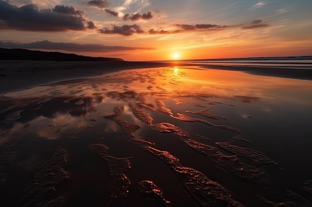 Hermosa puesta de sol sobre el mar en calma con el reflejo del sol en la arena mojada de la playa