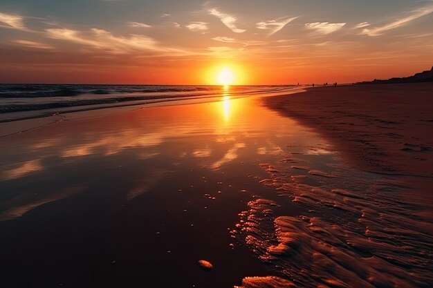 Hermosa puesta de sol sobre el mar en calma con el reflejo del sol en la arena mojada de la playa