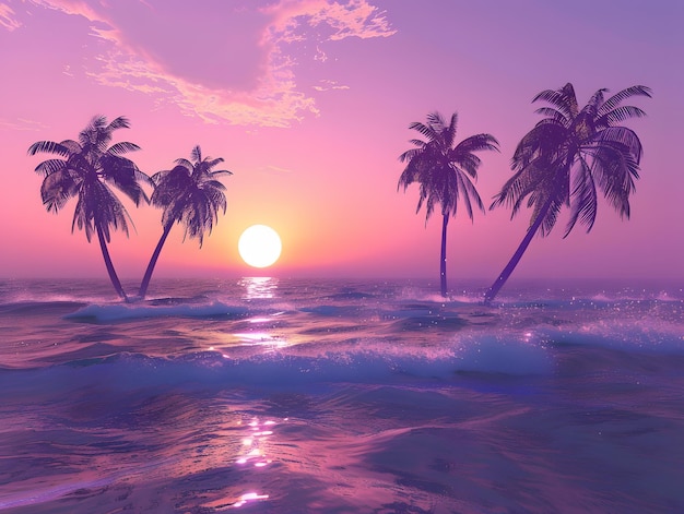 hermosa puesta de sol sobre el mar con palmeras 3d render