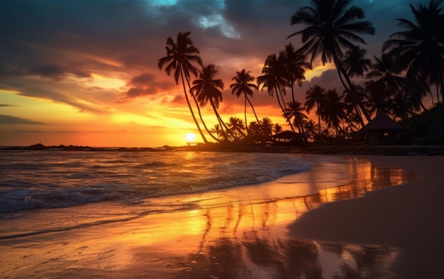 Hermosa puesta de sol sobre el mar con palmeras en la playa